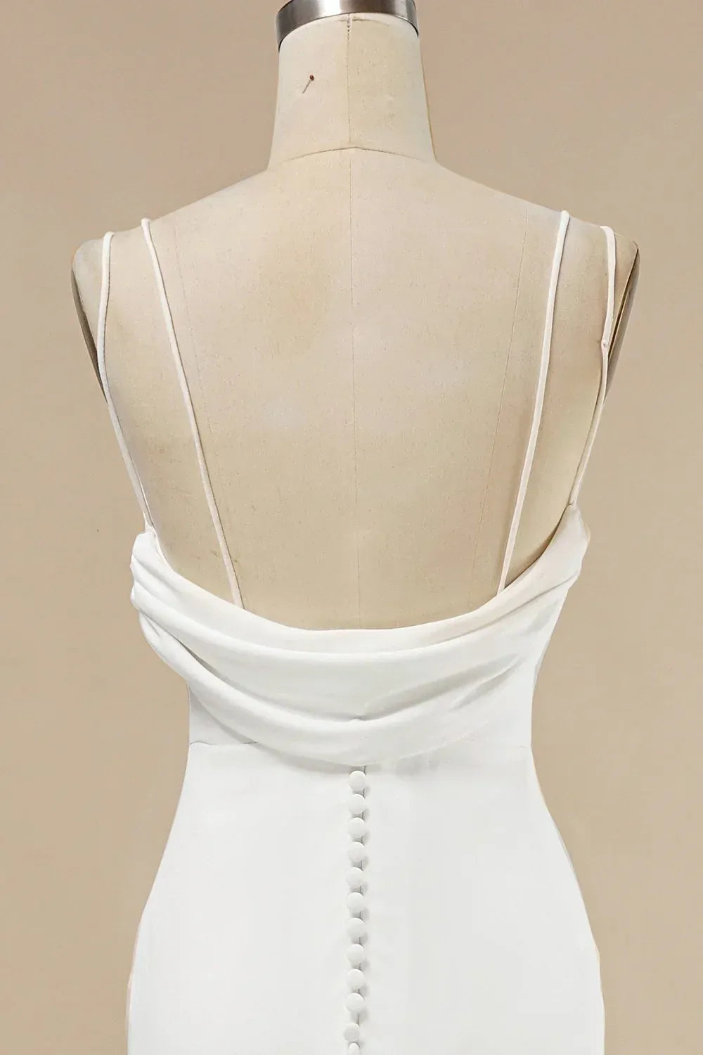 Double Thin Spaghetti Strap V Neck Cowl Back Button Matte Crepe Mermaid Wedding Dress With Train