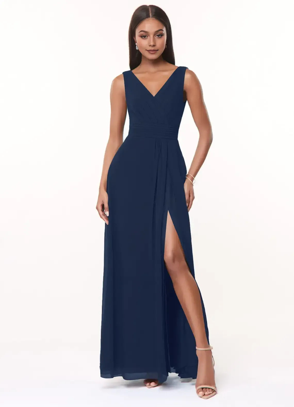 Double V Cowl Back Sleeveless Ruched High Slit A Line Chiffon Long Bridesmaid Dress