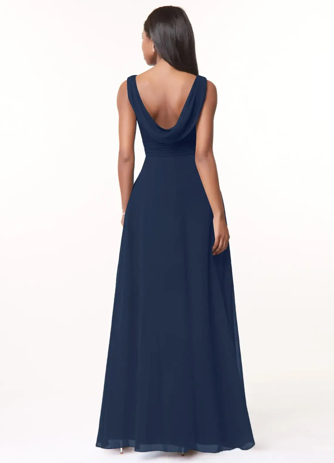 Double V Cowl Back Sleeveless Ruched High Slit A Line Chiffon Long Bridesmaid Dress