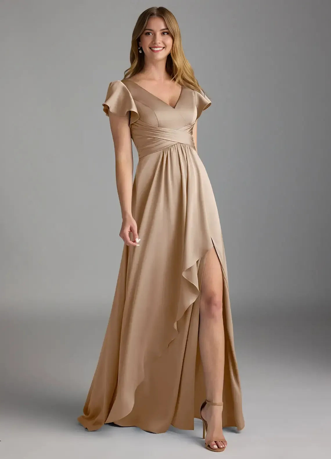 Double V Flutter Short Sleeve Cross Ruched High Slit Ruffle A Line Satin Long Bridesmaid Dress