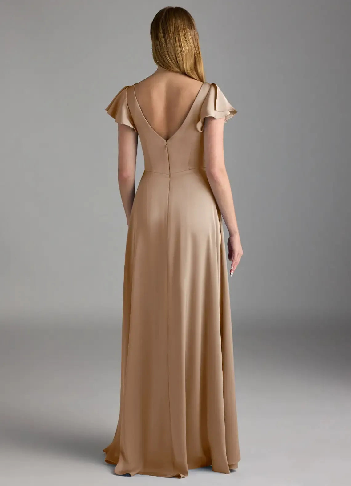 Double V Flutter Short Sleeve Cross Ruched High Slit Ruffle A Line Satin Long Bridesmaid Dress