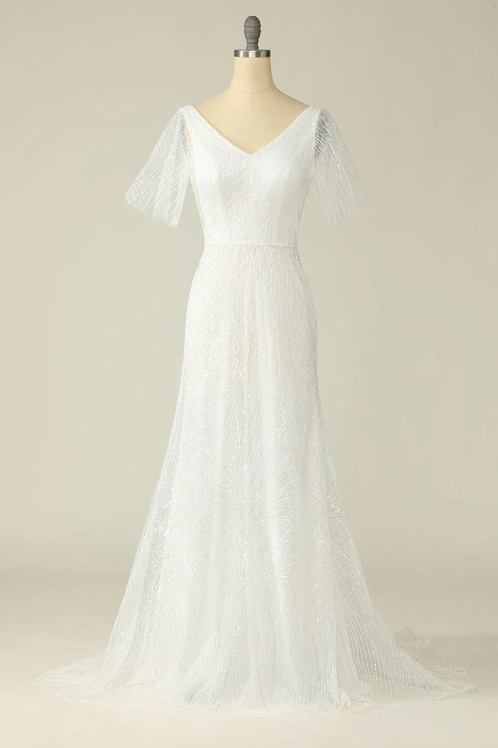 Double V Neck Flutter Short Sleeve All Over Beaded Tulle Mermaid Wedding Dress With Train