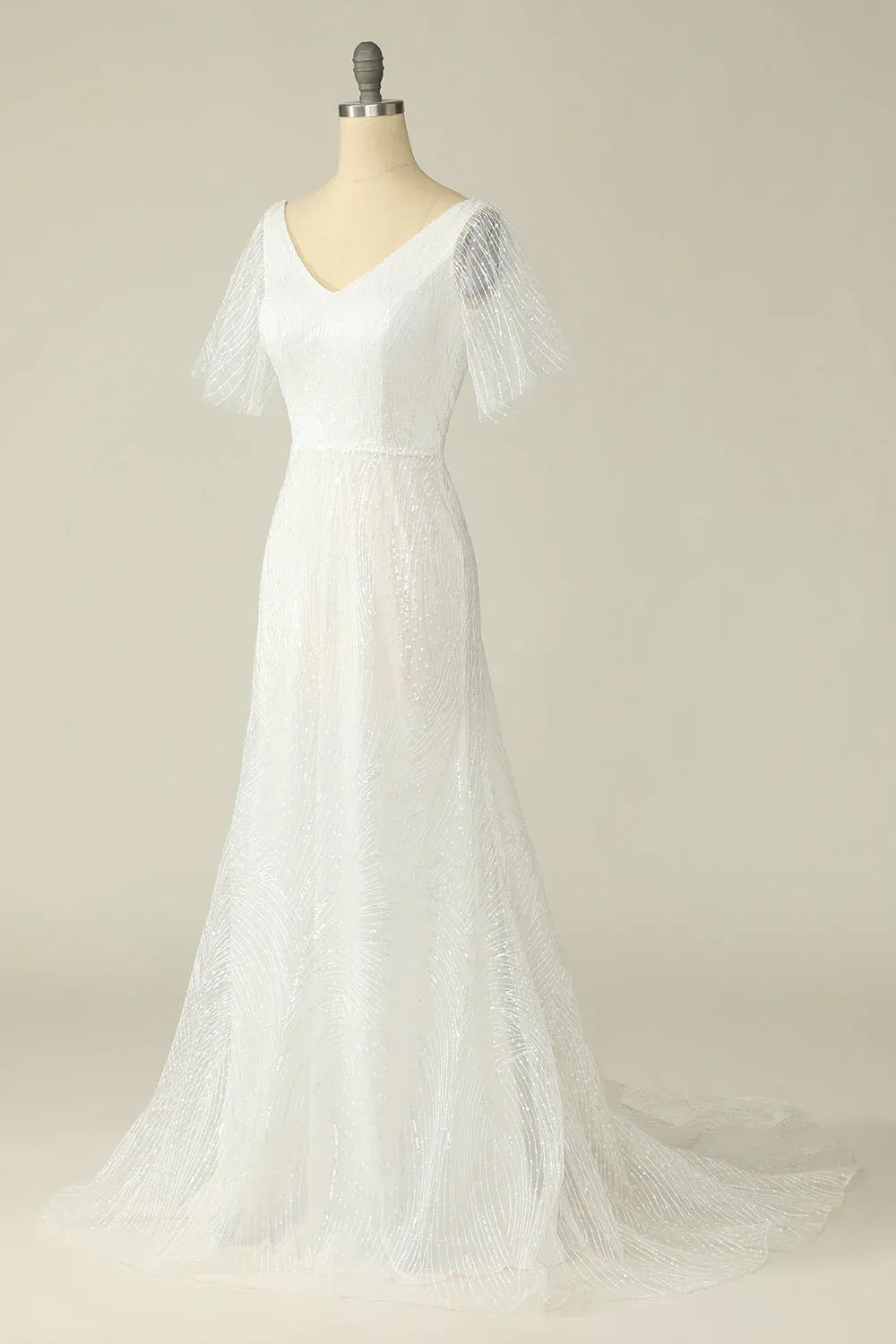 Double V Neck Flutter Short Sleeve All Over Beaded Tulle Mermaid Wedding Dress With Train