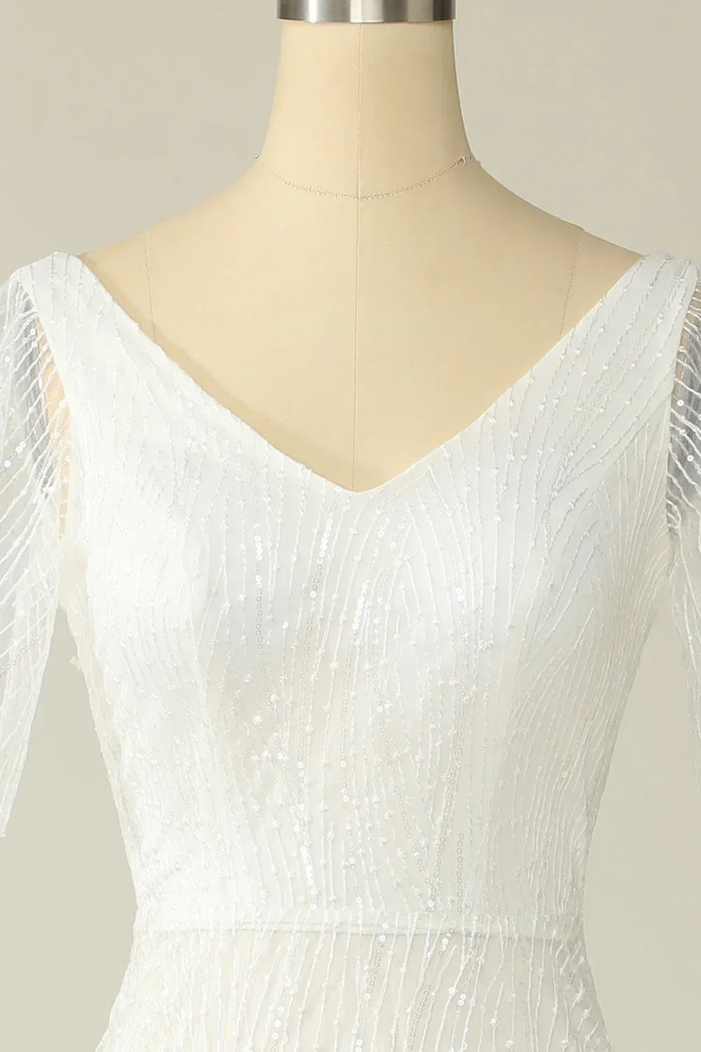 Double V Neck Flutter Short Sleeve All Over Beaded Tulle Mermaid Wedding Dress With Train