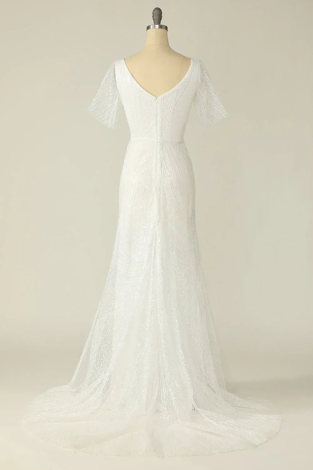 Double V Neck Flutter Short Sleeve All Over Beaded Tulle Mermaid Wedding Dress With Train