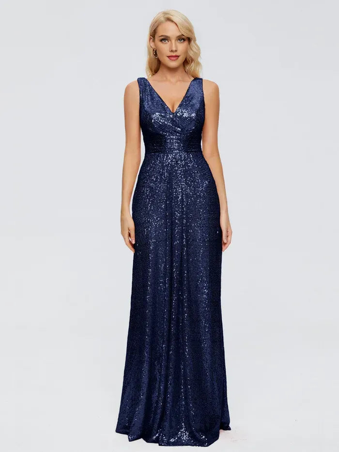 Double V Neck Sleeveless Cross Ruched A Line Full Sequin Long Bridesmaid Dress