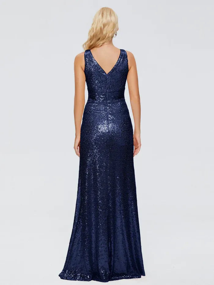 Double V Neck Sleeveless Cross Ruched A Line Full Sequin Long Bridesmaid Dress