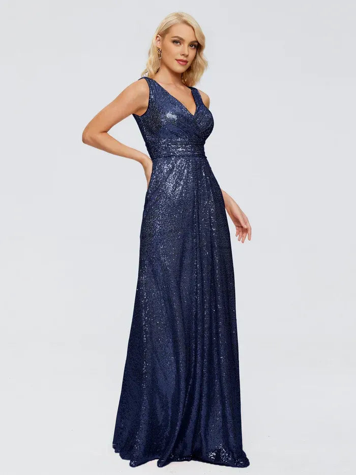Double V Neck Sleeveless Cross Ruched A Line Full Sequin Long Bridesmaid Dress