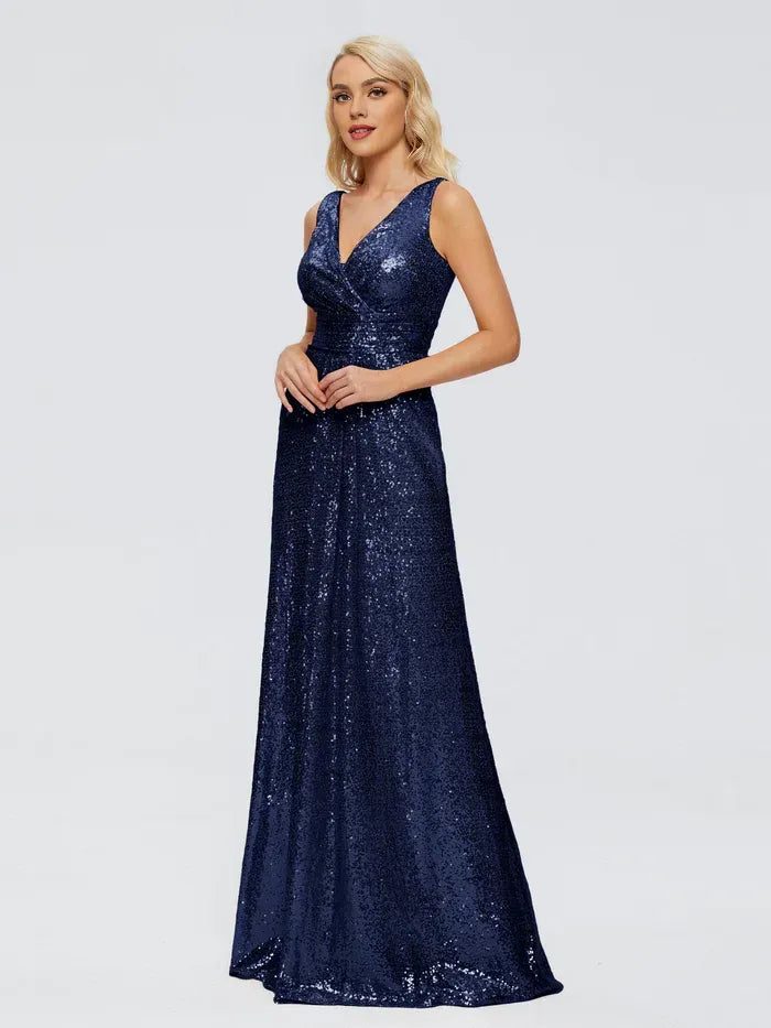 Double V Neck Sleeveless Cross Ruched A Line Full Sequin Long Bridesmaid Dress