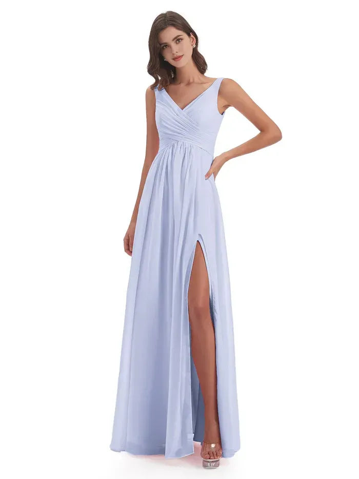 Double V Neck Sleeveless Ruched Empire Waist High Slit A Line Chiffon Long Bridesmaid Dress