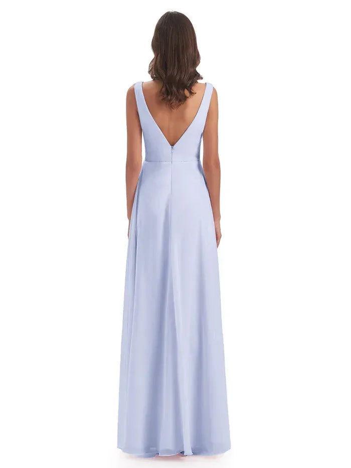 Double V Neck Sleeveless Ruched Empire Waist High Slit A Line Chiffon Long Bridesmaid Dress