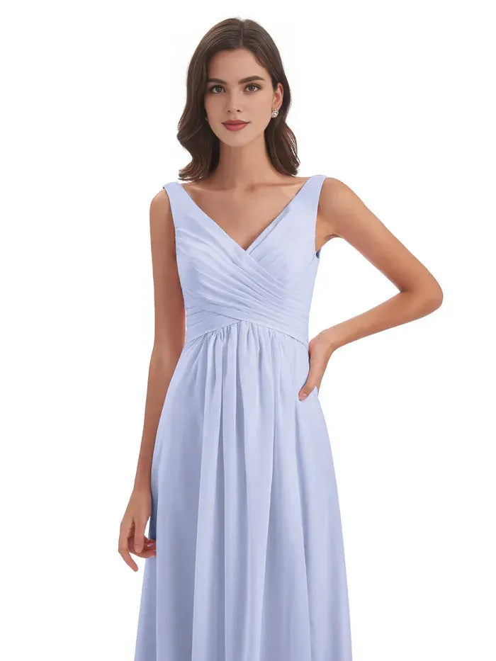 Double V Neck Sleeveless Ruched Empire Waist High Slit A Line Chiffon Long Bridesmaid Dress