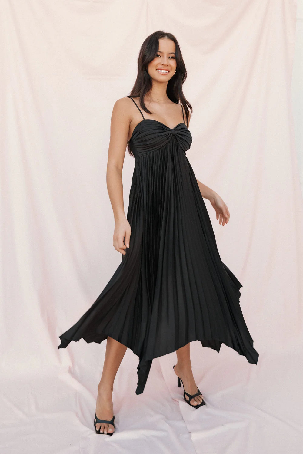 Dramatic Midi Spaghetti-Strap Pleated Handkerchief Wedding Guest Dress