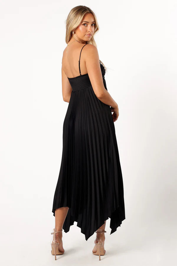 Dramatic Midi Spaghetti-Strap Pleated Handkerchief Wedding Guest Dress