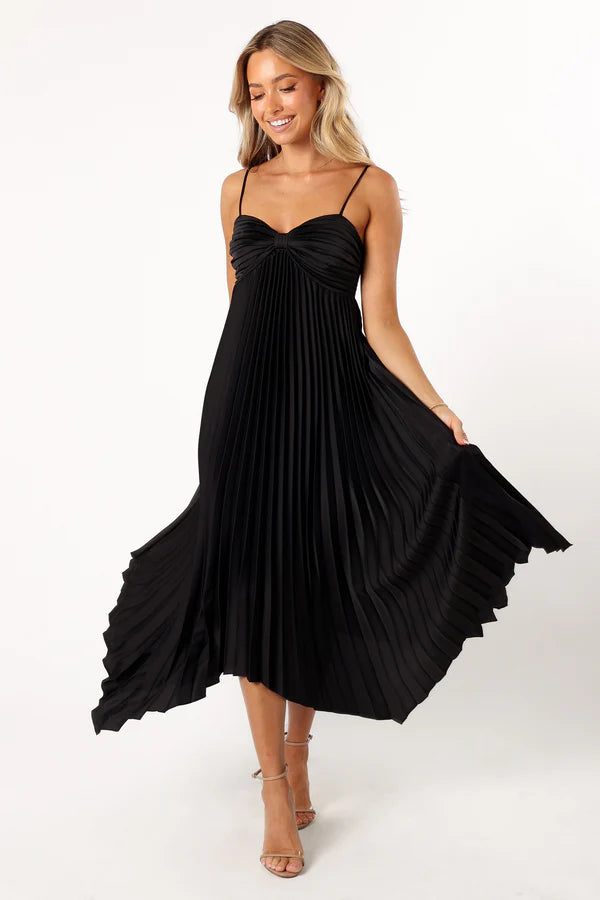 Dramatic Midi Spaghetti-Strap Pleated Handkerchief Wedding Guest Dress