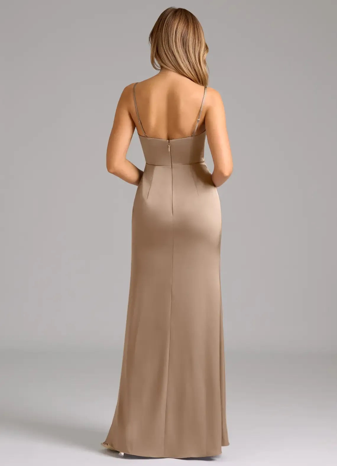 Draped Cowl Neck Adjustable Spaghetti Strap Sheath Satin Long Bridesmaid Dress