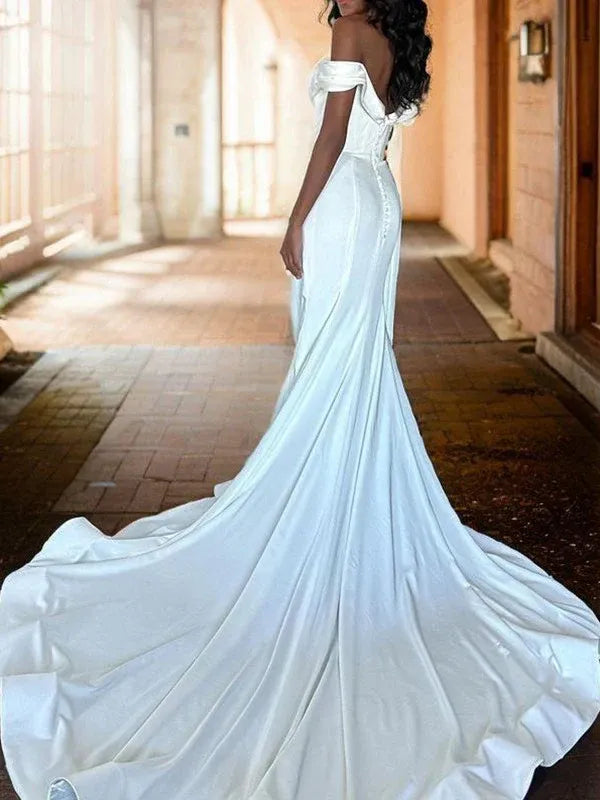 Draped Off Shoulder Corset High Slit Gloss Satin Mermaid Wedding Dress