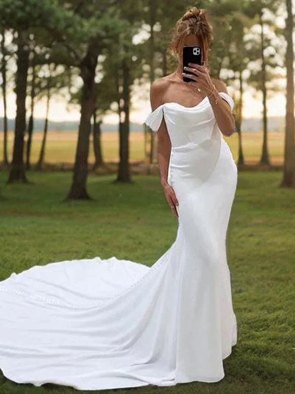 Draped Off Shoulder Soft Chiffon Mermaid Floor-Length Wedding Dress