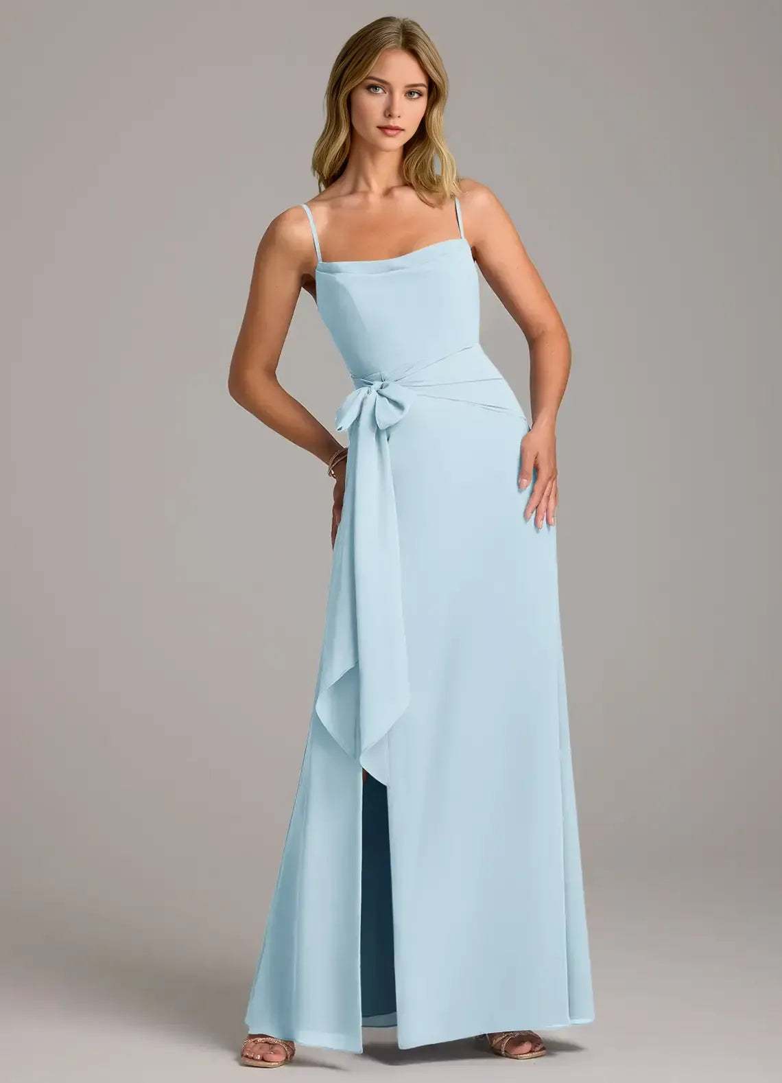 Draped Spaghetti Strap Wrap Tie High Slit A Line Chiffon Long Bridesmaid Dress