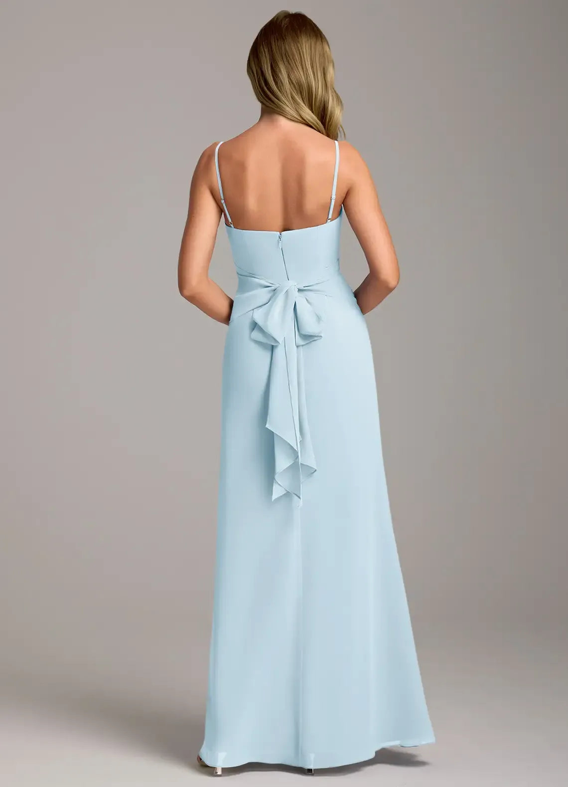 Draped Spaghetti Strap Wrap Tie High Slit A Line Chiffon Long Bridesmaid Dress