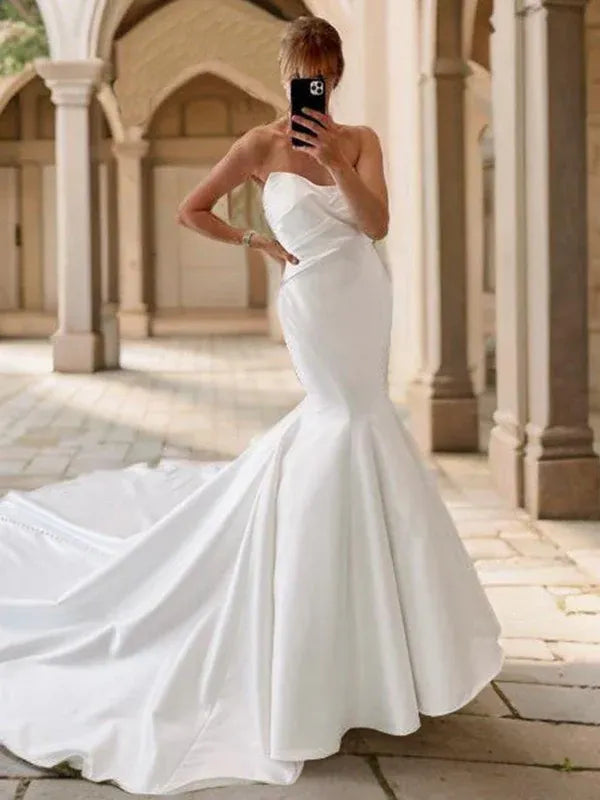Draped Strapless Sweetheart Gloss Satin Mermaid Floor-Length Wedding Dress