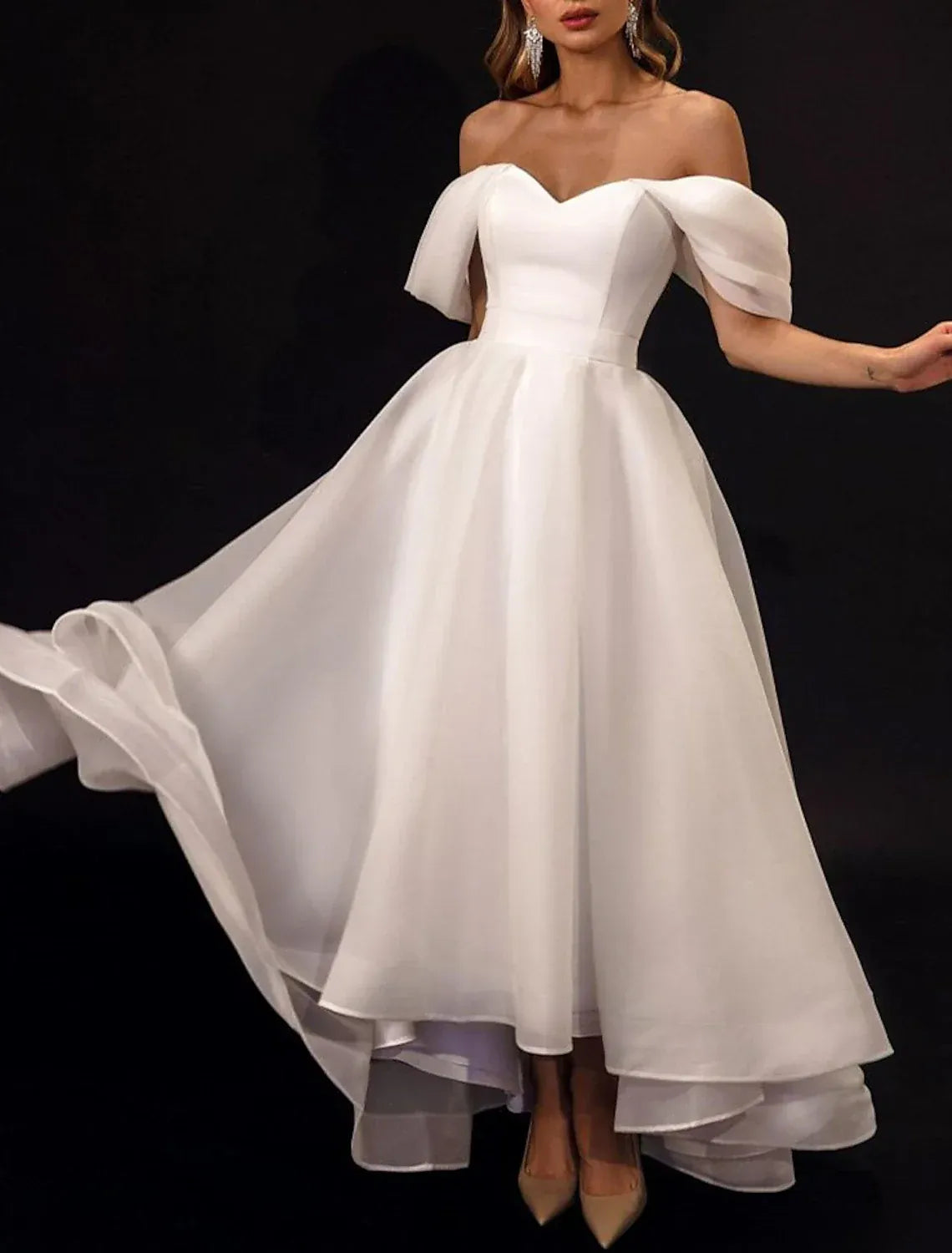 Dreamy A-Line Off Shoulder Ruffle Sleeve Plain Back Floor Wedding Dress