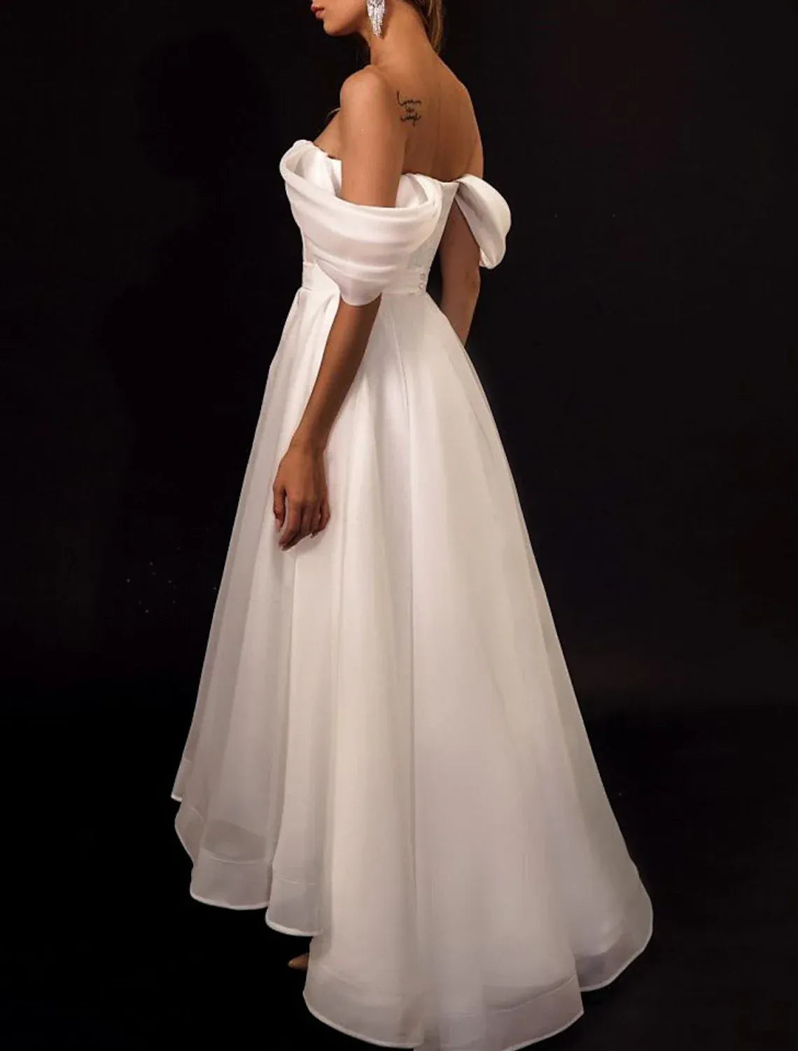 Dreamy A-Line Off Shoulder Ruffle Sleeve Plain Back Floor Wedding Dress
