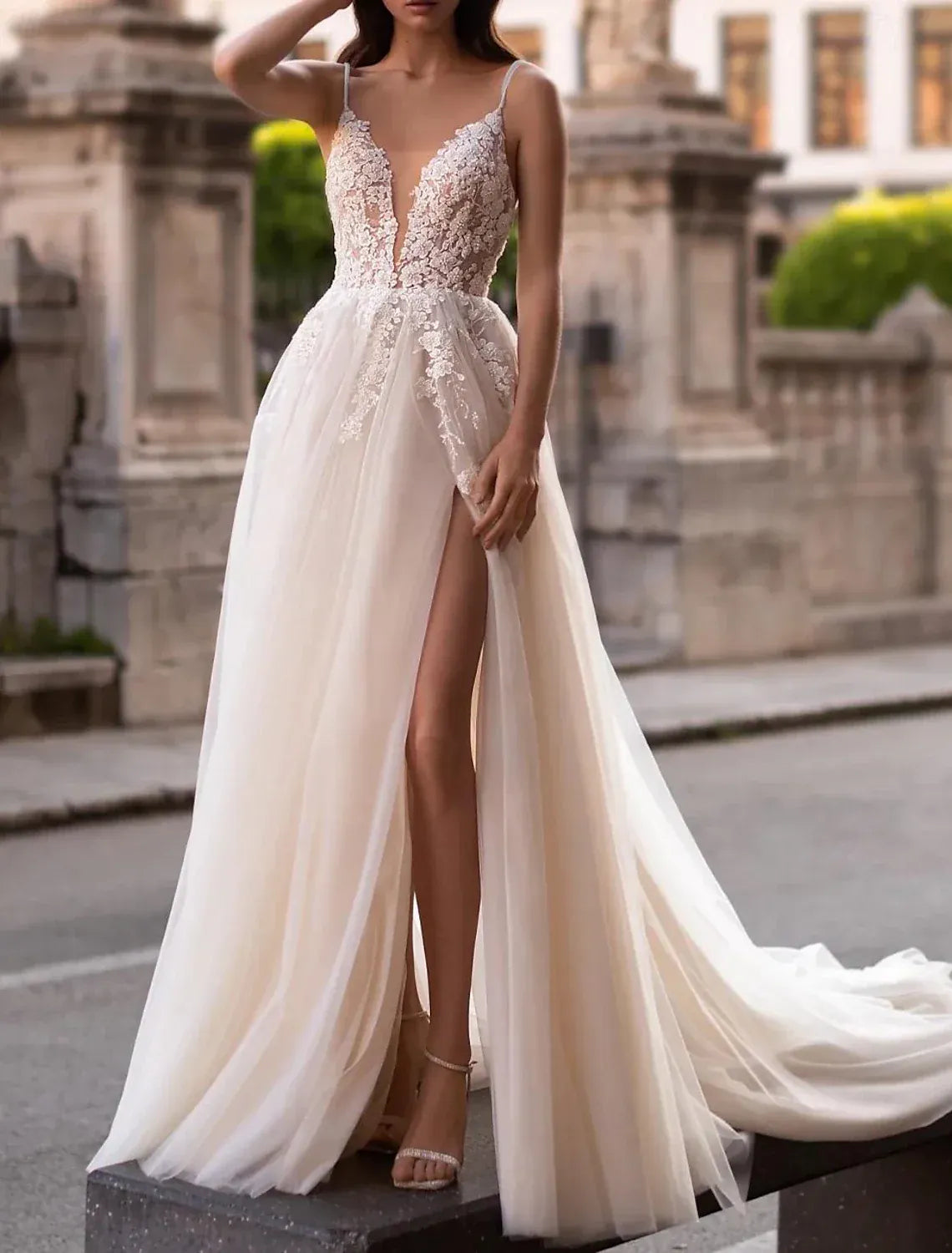Dreamy A-Line Spaghetti Strap Deep V Low Back High Slit Train Wedding Dress
