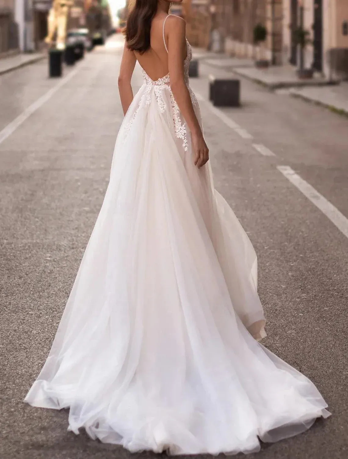 Dreamy A-Line Spaghetti Strap Deep V Low Back High Slit Train Wedding Dress