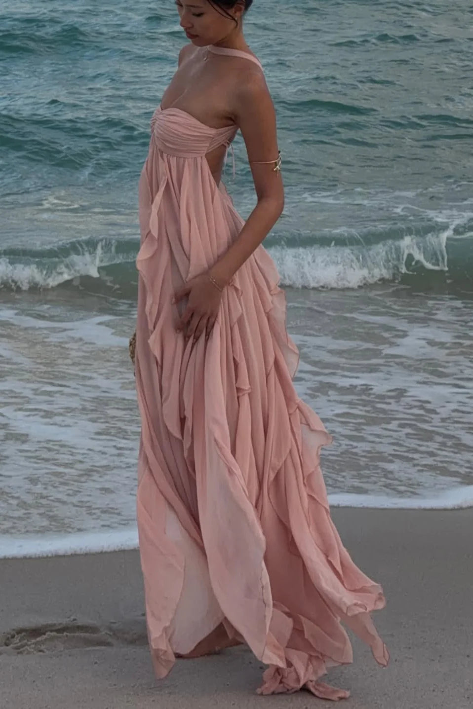 Dreamy Floor-Length Halter-Neck Ruffled Open-Back Flowy Wedding Guest Dress