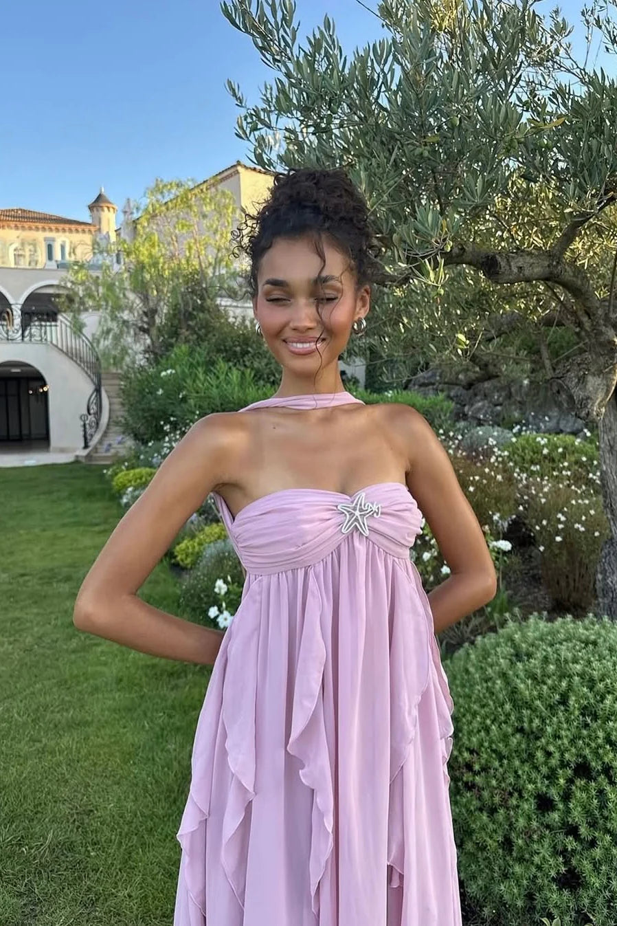 Dreamy Floor-Length Halter-Neck Ruffled Open-Back Flowy Wedding Guest Dress