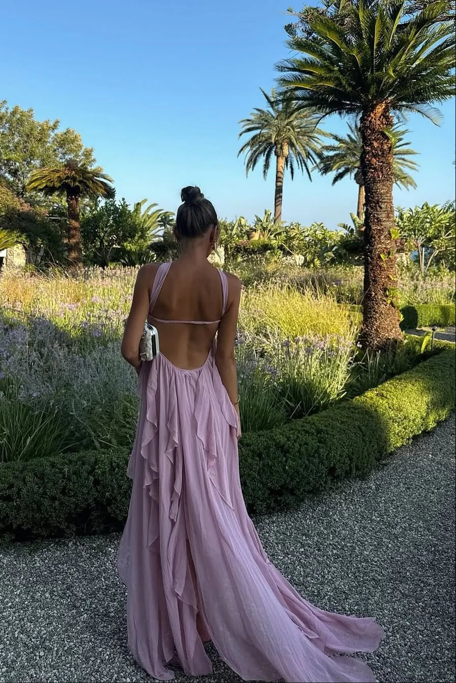 Dreamy Floor-Length Halter-Neck Ruffled Open-Back Flowy Wedding Guest Dress