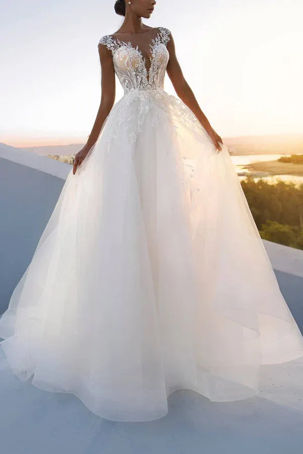 Dreamy Illusion-Neck Cap-Sleeve A-Line Floor-Length Wedding Dress