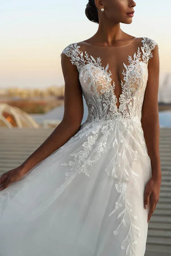Dreamy Illusion-Neck Cap-Sleeve A-Line Floor-Length Wedding Dress