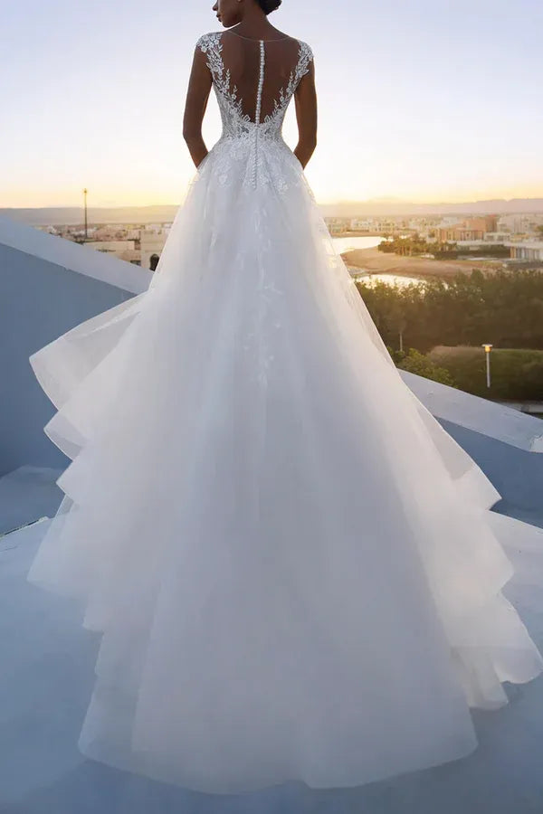 Dreamy Illusion-Neck Cap-Sleeve A-Line Floor-Length Wedding Dress