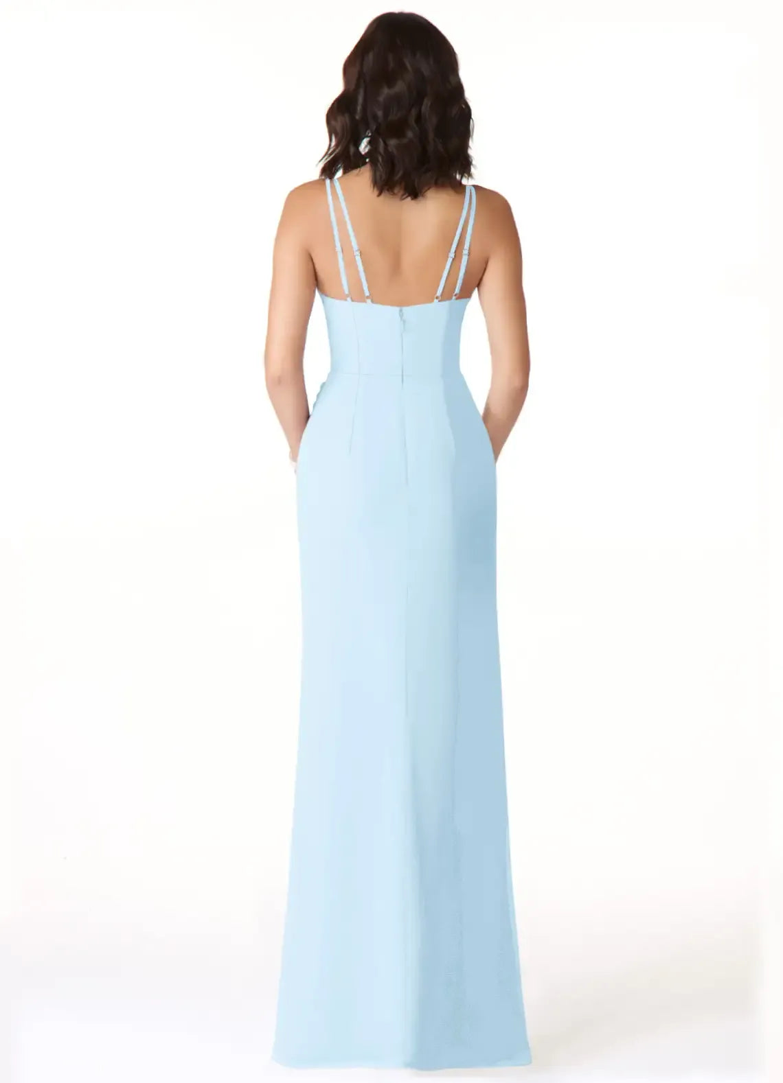 Dual Spaghetti Strap V Neck Ruched High Slit Pocket Crepe Long Bridesmaid Dress