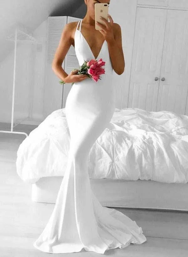 Dual Thin Strap Deep V Low Back Ruched Back Gloss Satin Mermaid Wedding Dress
