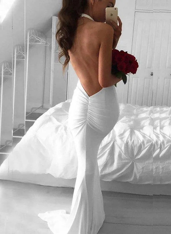 Dual Thin Strap Deep V Low Back Ruched Back Gloss Satin Mermaid Wedding Dress