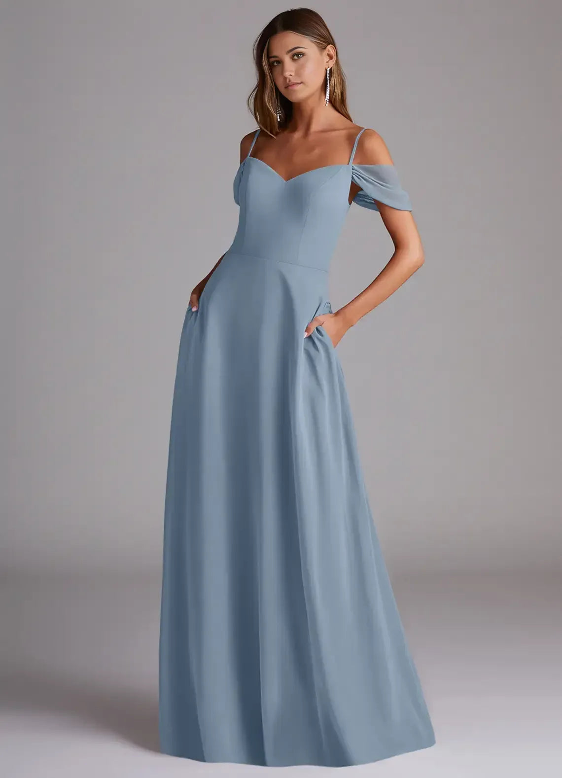 Dusty Blue A-Line Sweetheart Off-The-Shoulder Low-Back Maxi Bridesmaid Dress