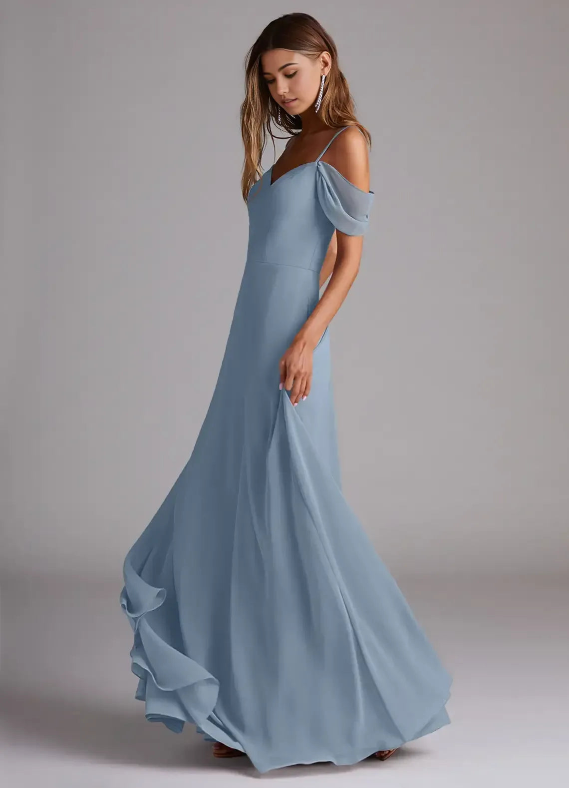 Dusty Blue A-Line Sweetheart Off-The-Shoulder Low-Back Maxi Bridesmaid Dress