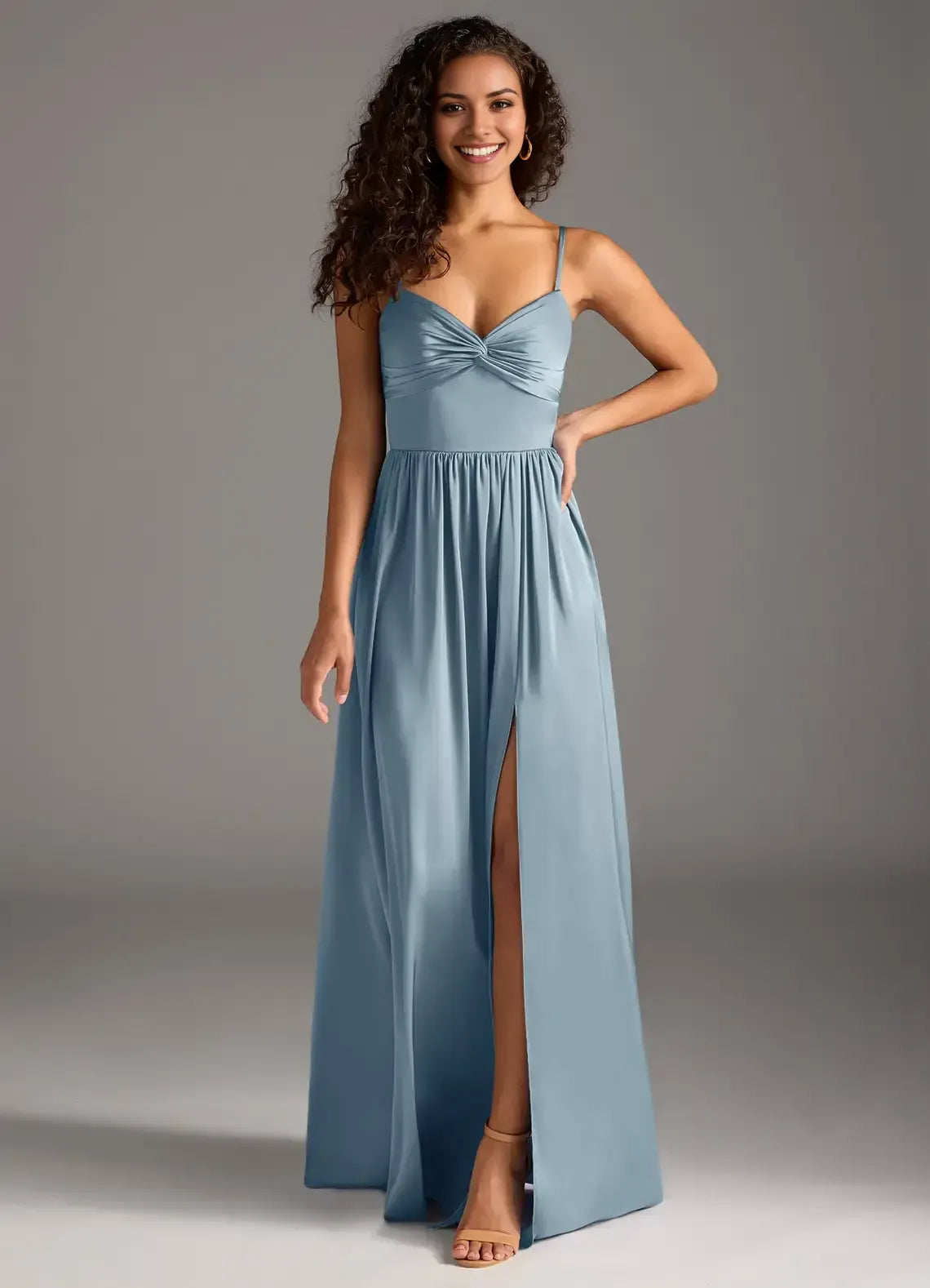 Dusty Blue A-Line Sweetheart Spaghetti Strap Tie-Back Slit Maxi Bridesmaid Dress