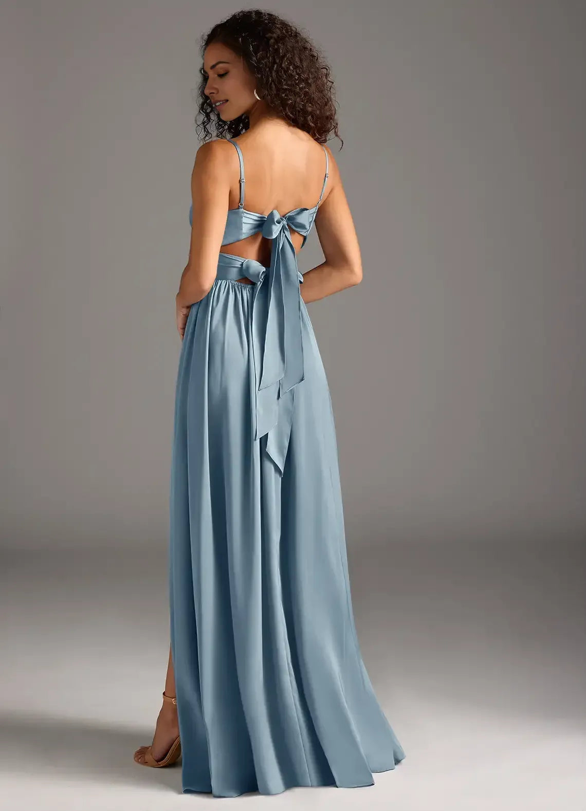 Dusty Blue A-Line Sweetheart Spaghetti Strap Tie-Back Slit Maxi Bridesmaid Dress
