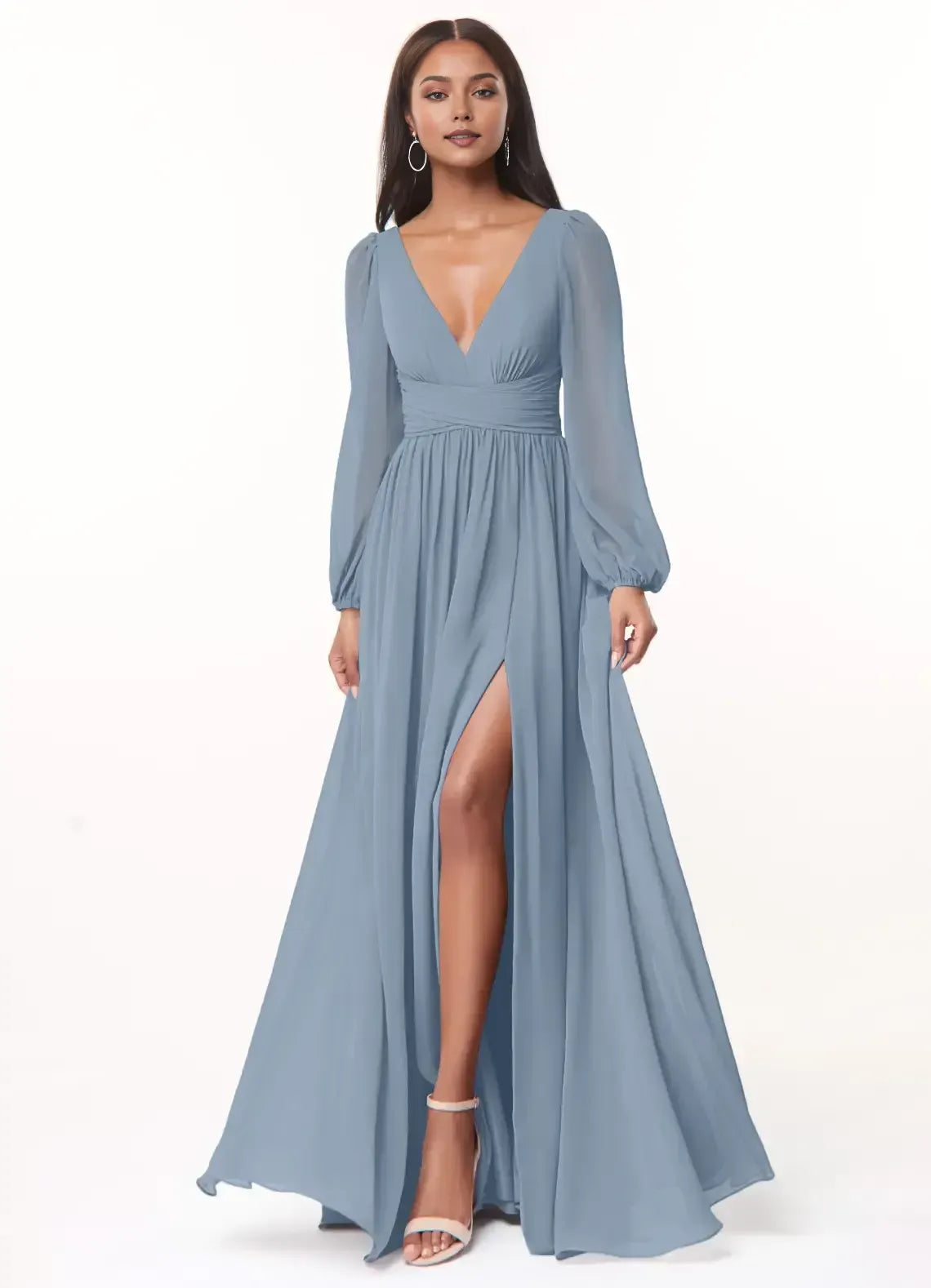Dusty Blue A-Line V-Neck Long Sleeve Tie-Back Slit Maxi Bridesmaid Dress