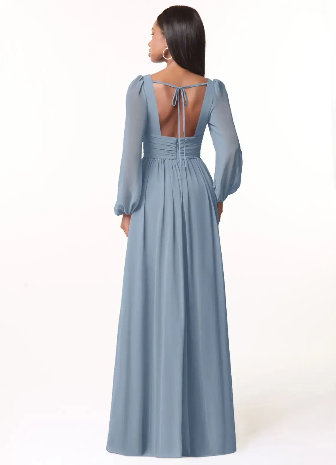 Dusty Blue A-Line V-Neck Long Sleeve Tie-Back Slit Maxi Bridesmaid Dress