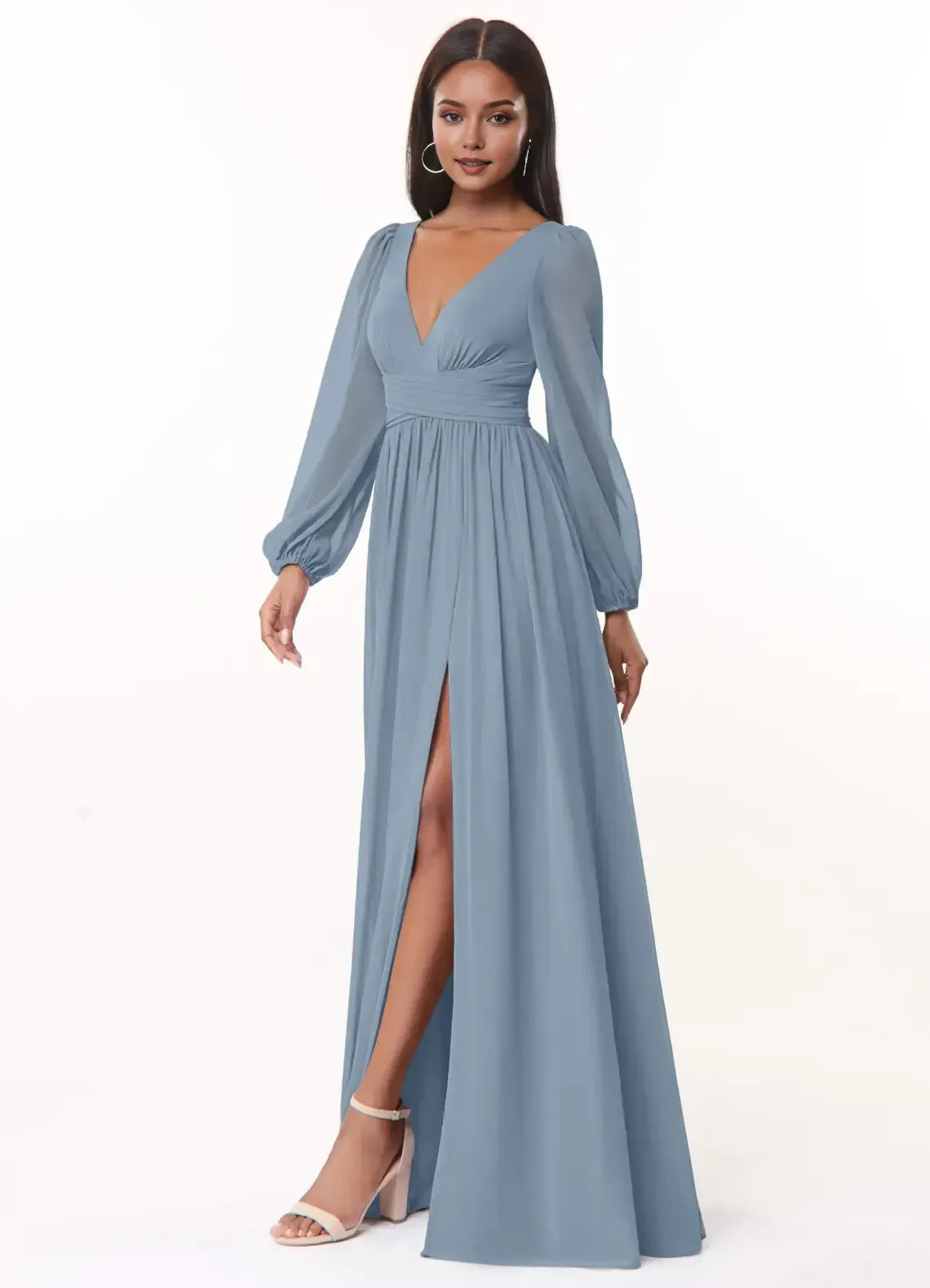 Dusty Blue A-Line V-Neck Long Sleeve Tie-Back Slit Maxi Bridesmaid Dress