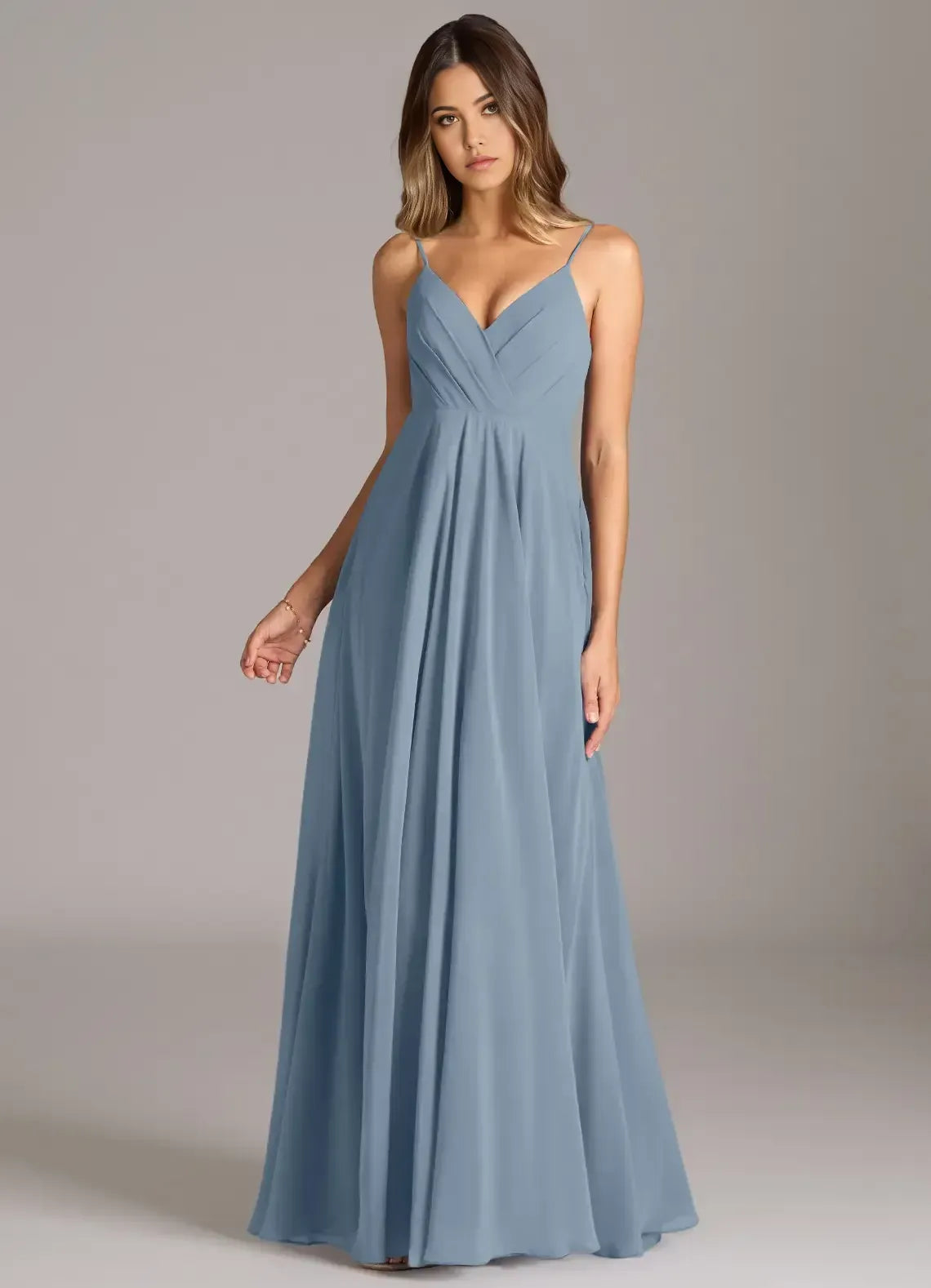 Dusty Blue A-Line V-Neck Spaghetti Strap Low-Back Maxi Bridesmaid Dress