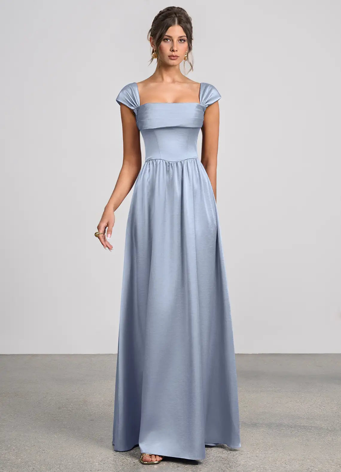 Dusty Blue Cap Sleeve Fold Square Pocket Lace Up Back Maxi Satin Wedding Guest Dress