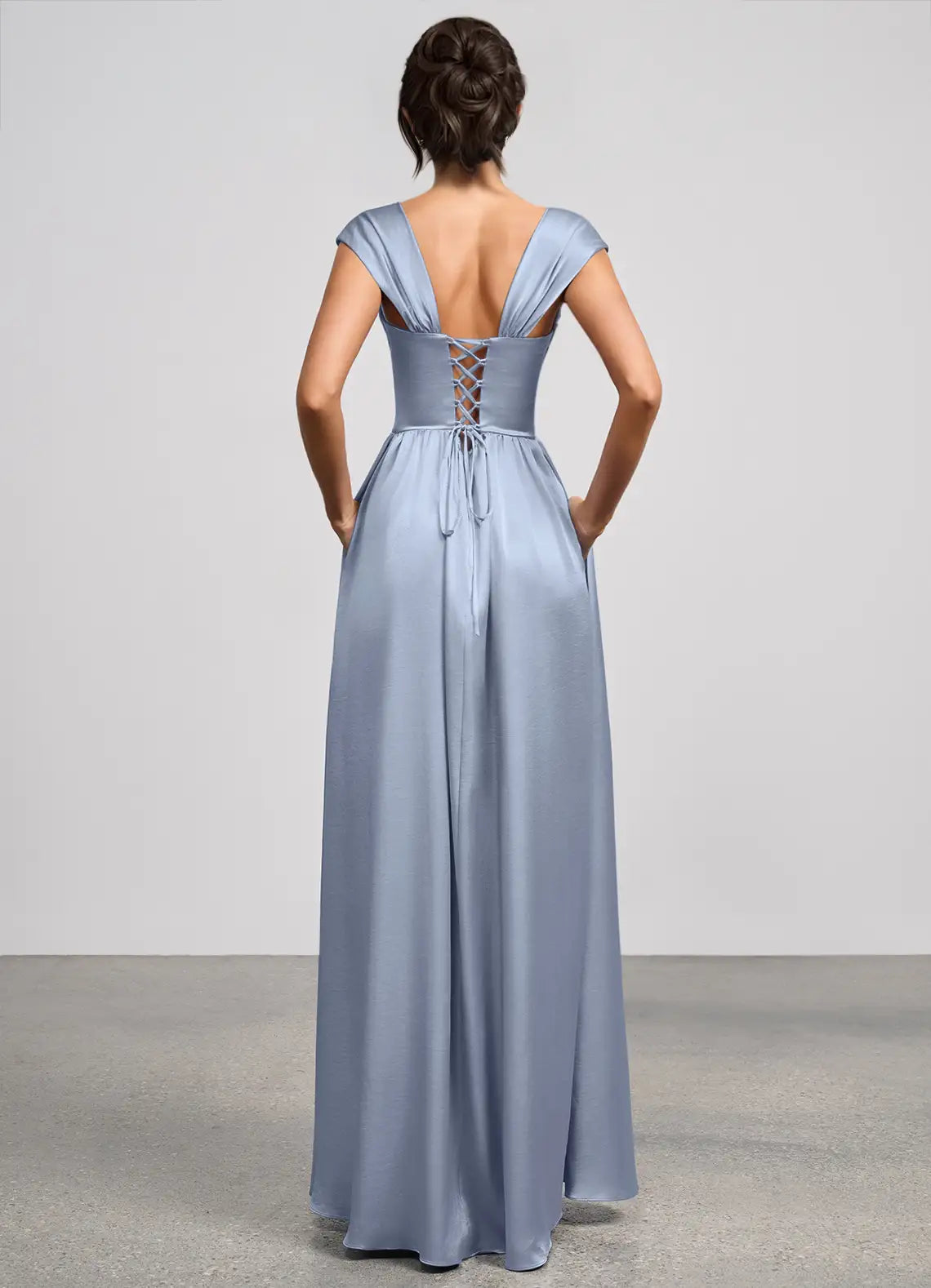Dusty Blue Cap Sleeve Fold Square Pocket Lace Up Back Maxi Satin Wedding Guest Dress
