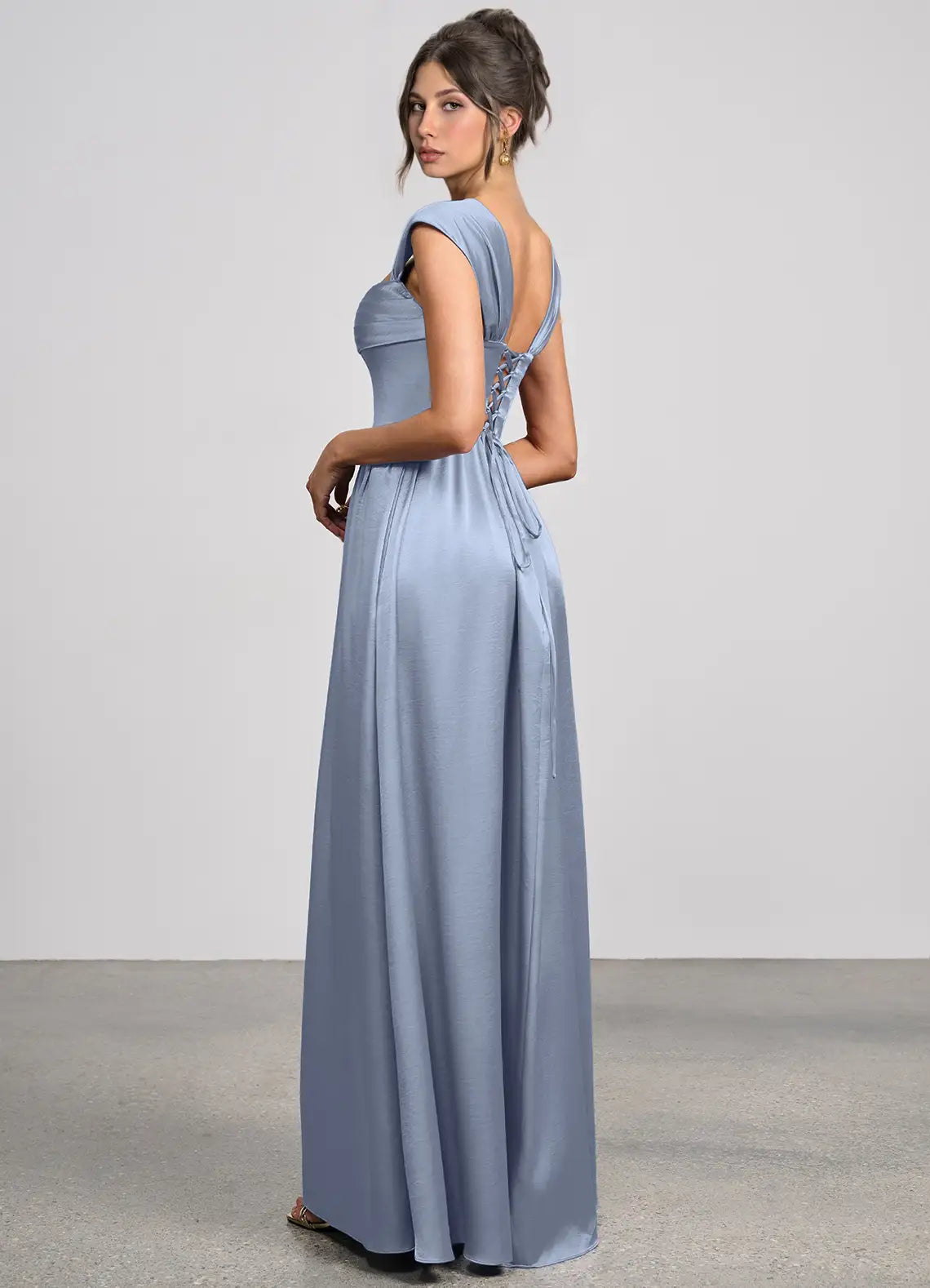 Dusty Blue Cap Sleeve Fold Square Pocket Lace Up Back Maxi Satin Wedding Guest Dress