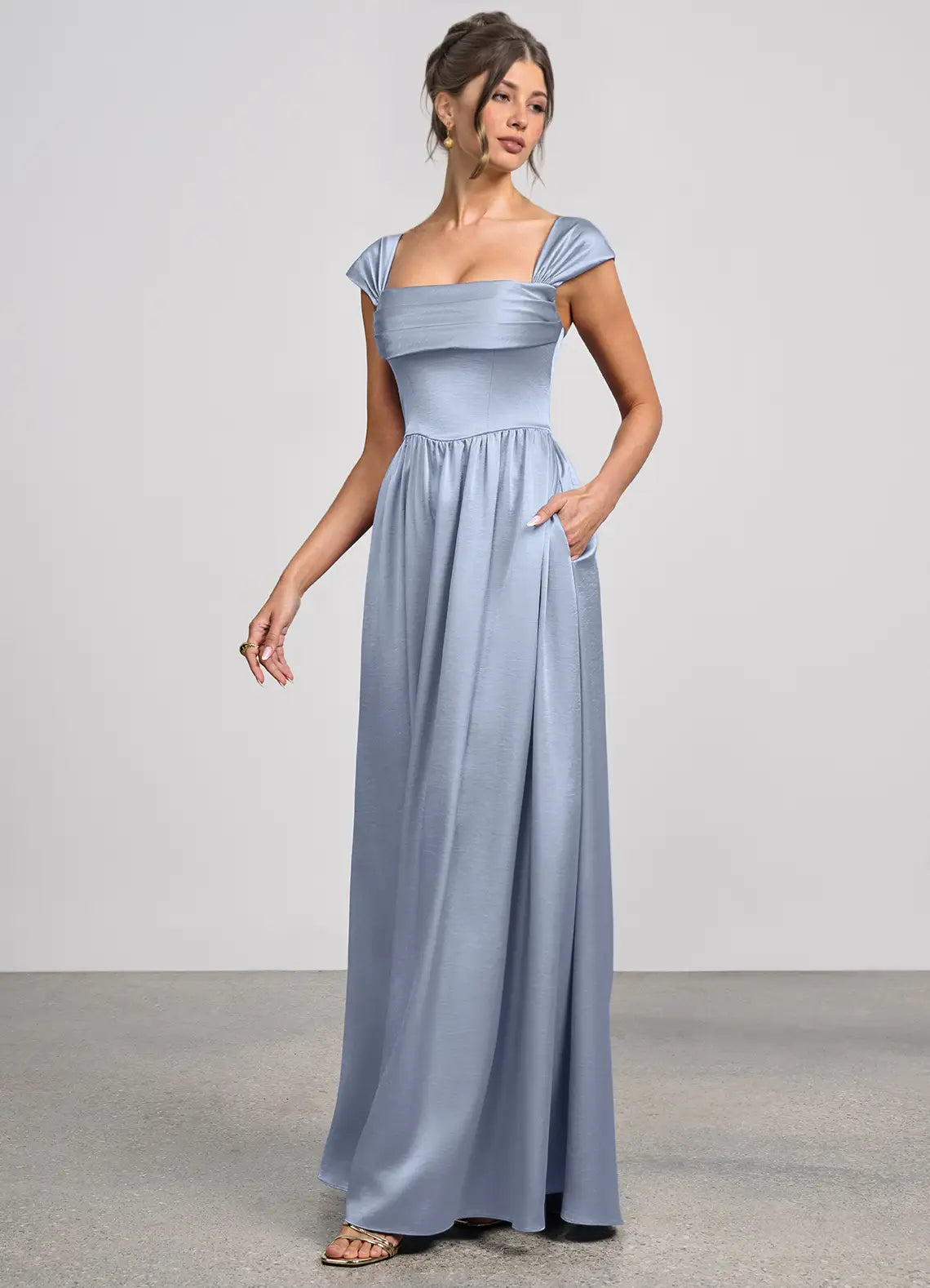 Dusty Blue Cap Sleeve Fold Square Pocket Lace Up Back Maxi Satin Wedding Guest Dress